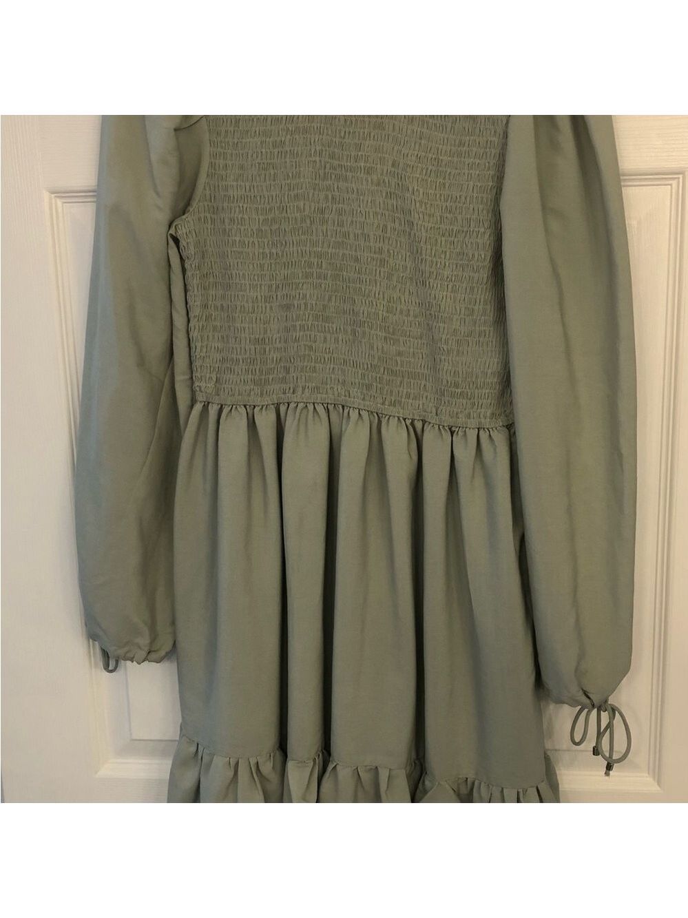 Size S ZESICA Boho Chic Mint/Sage Smocked Tiered Ruffled Mini Dress Baby Doll